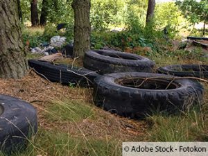 80 Reifen illegal in einem Wald entsorgt
