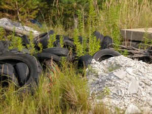 Altreifen und Müll auf illegaler, wilder Müllkippe
